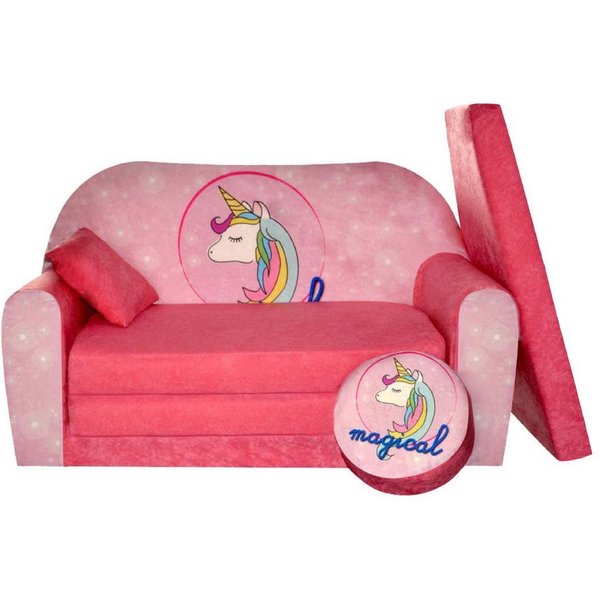 FORTISLINE Kindersitzgruppe Kindersofa Kindercouch Aufklappen Bettfunktion + Hocker W319