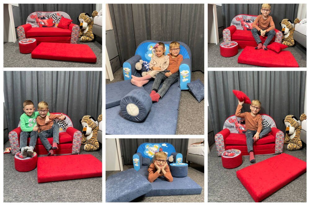 FORTISLINE Kindersitzgruppe Kindersofa Kindercouch Aufklappen Bettfunktion + Hocker W319 – Bild 2 von 4