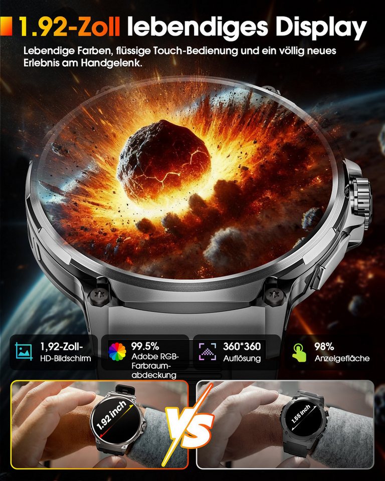 FOSMET 2026 1200-mAh-Akku,Smartwatch Herren Militärqualität,60 Tage Standby Smartwatch, Mit Herzfrequenz,SpO2 und Schlaf,Blutdruckmessung,1.92''AMOLED-Display – Bild 2 von 5
