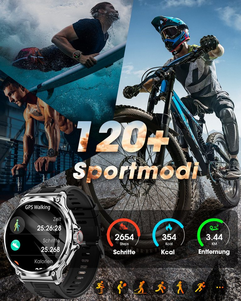 FOSMET 2026 1200-mAh-Akku,Smartwatch Herren Militärqualität,60 Tage Standby Smartwatch, Mit Herzfrequenz,SpO2 und Schlaf,Blutdruckmessung,1.92''AMOLED-Display – Bild 4 von 5