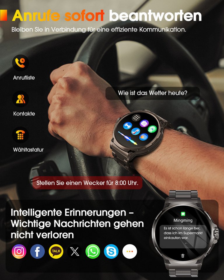 FOSMET 2026 1200-mAh-Akku,Smartwatch Herren Militärqualität,60 Tage Standby Smartwatch, Mit Herzfrequenz,SpO2 und Schlaf,Blutdruckmessung,1.92''AMOLED-Display – Bild 5 von 5
