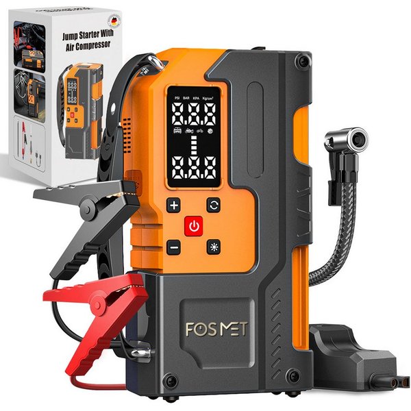 FOSMET 7000A 12V Starthilfe Powerbank mit 150PSI Kompressor & Smart-Klemmen Autobatterie-Ladegerät (26800mAh Starthilfe Powerbank für alle Benzin &10L Diesel mi