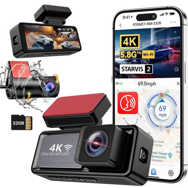FOSMET Dashcam Auto,2 Channel 3.2" IPS-Bildschirm,mit GPS,WiFi,Auto kamera Dashcam (4K/2.5K, G-Sensor, 32GB-Karte, wasserfest, 170°Weitwinkel WDR,Loop-Aufnahme,
