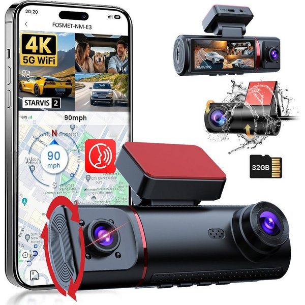 FOSMET Dashcam Auto,3 Channel 3.16" IPS-Bildschirm,mit GPS,WiFi,Auto kamera Dashcam (4K/2,5K+1080P, G-Sensor, 32GB-Karte, wasserfest, 170°Weitwinkel WDR,Loop-Au