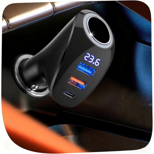FOSMET Zigarettenanzünder-Verteiler 70W Zigarettenanzünder,4 in1 Einziehbares Auto USB C Ladegerät Adapter (USB C Schnellladegerät,Spannungsanzeige,Auto Feuerze