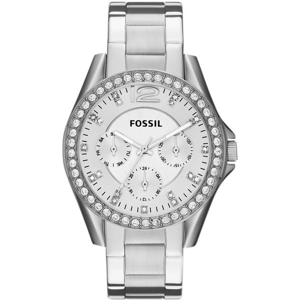 Fossil Multifunktionsuhr RILEY ES3202, Quarzuhr, Armbanduhr, Damenuhr, Datum, Edelstahlarmband, Glassteine