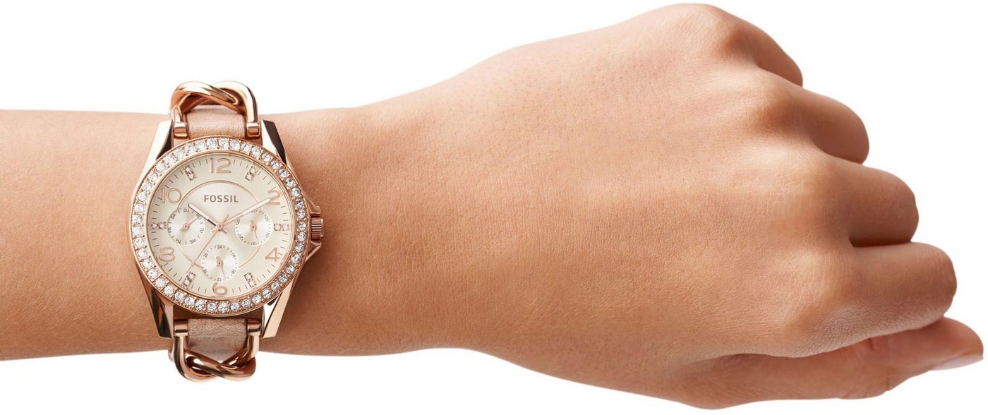 Fossil Multifunktionsuhr RILEY ES3466, Quarzuhr, Armbanduhr, Damenuhr, Datum, Glassteine, Lederarmband – Bild 4 von 4