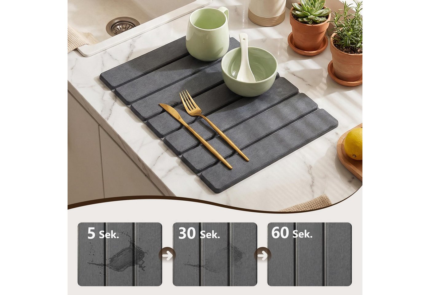 FOUORTUNATE-BEE Abtropfmatte Abtropfmatte für Küche, Abtropfmatte Geschirr aus Kieselgur, Wasserabsorbierende Schnelltrocknende 40x30cm – Bild 3 von 5