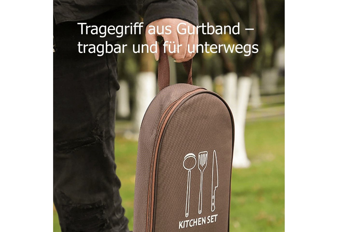 FOUORTUNATE-BEE Aufbewahrungstasche Integrierte Camping-Bestecktasche mit Doppelreißverschluss, Tragbares Outdoor-Kochgeschirr-Organizer mit Netzfächern – Bild 3 von 5