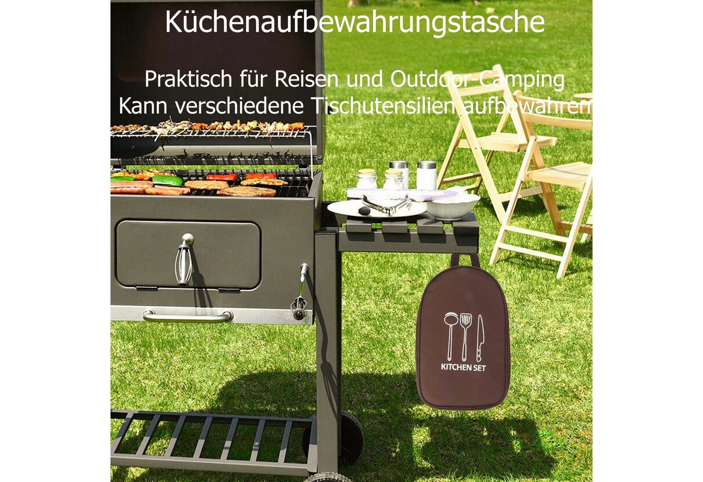 FOUORTUNATE-BEE Aufbewahrungstasche Integrierte Camping-Bestecktasche mit Doppelreißverschluss, Tragbares Outdoor-Kochgeschirr-Organizer mit Netzfächern – Bild 4 von 5