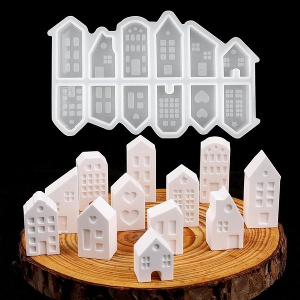 FOUORTUNATE-BEE Backform 12er Set 3D Haus Silikonformen Mini Haus Gießform für DIY Deko, 12 Silikonformen Mini Häuser 3D Gießform für Gips Beton Deko