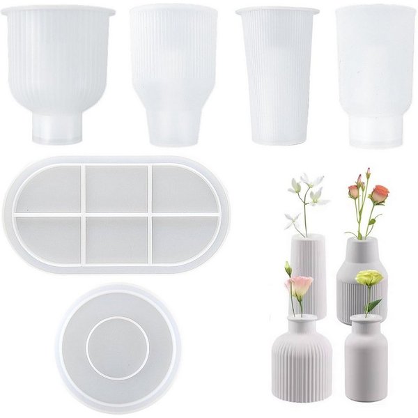 FOUORTUNATE-BEE Backform Silikon Gießformen Set 6tlg Vasen Formen DIY Gießform Set, DIY Silikonformen Set Vasen Formen mit Untersetzer und Tablett