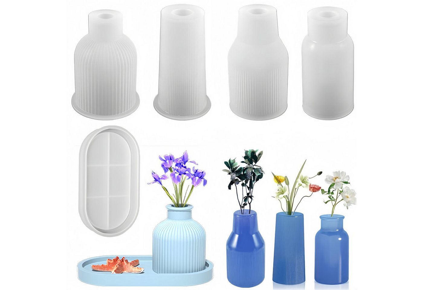 FOUORTUNATE-BEE Backform Silikon Gießformen Set 6tlg Vasen Formen DIY Gießform Set, DIY Silikonformen Set Vasen Formen mit Untersetzer und Tablett – Bild 2 von 5