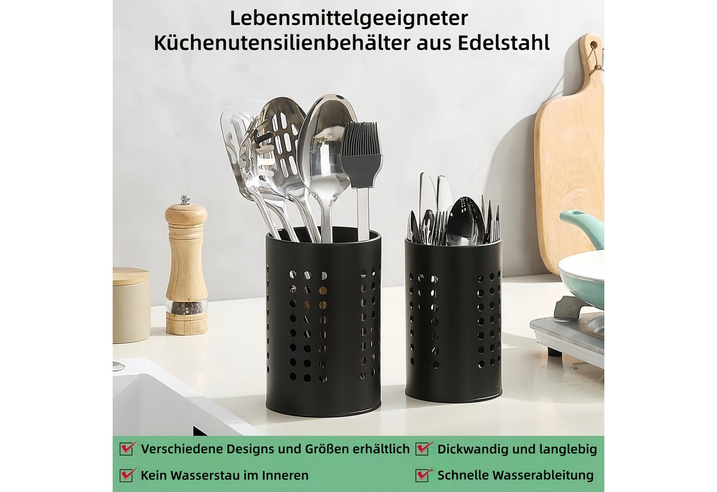FOUORTUNATE-BEE Besteckhalter 2er Set Küchenutensilienhalter aus Edelstahl, für Arbeitsplatte, (2-tlg), Schwarzer Edelstahl Besteck- und Utensilienhalter 2er Se – Bild 3 von 5