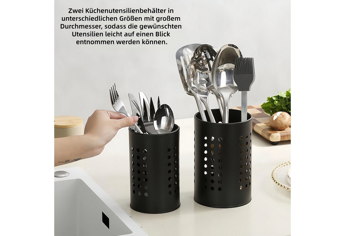 FOUORTUNATE-BEE Besteckhalter 2er Set Küchenutensilienhalter aus Edelstahl, für Arbeitsplatte, (2-tlg), Schwarzer Edelstahl Besteck- und Utensilienhalter 2er Se – Bild 4 von 5