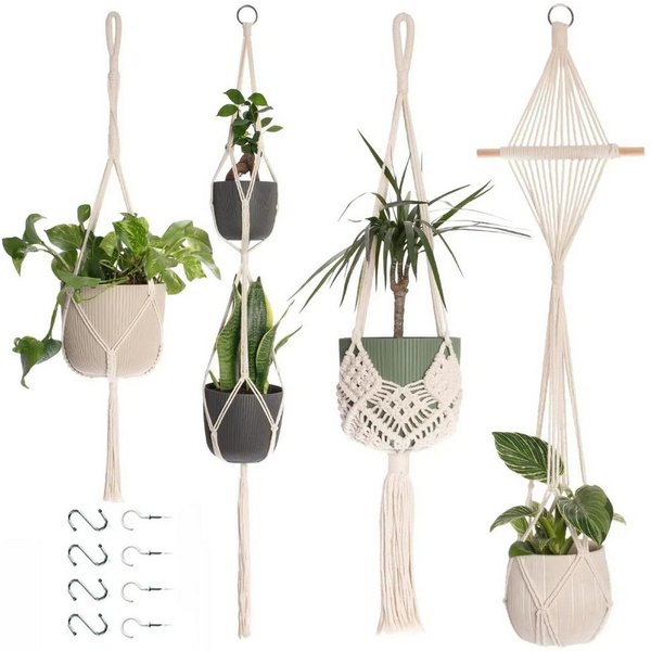 FOUORTUNATE-BEE Blumenampel 4er Set Blumenampel Hängend Innen (Boho Deko Makramee Hängeampel mit Haken, Baumwollseil Blumentopf Hängend, Boho Zimmer Deko Aesthe