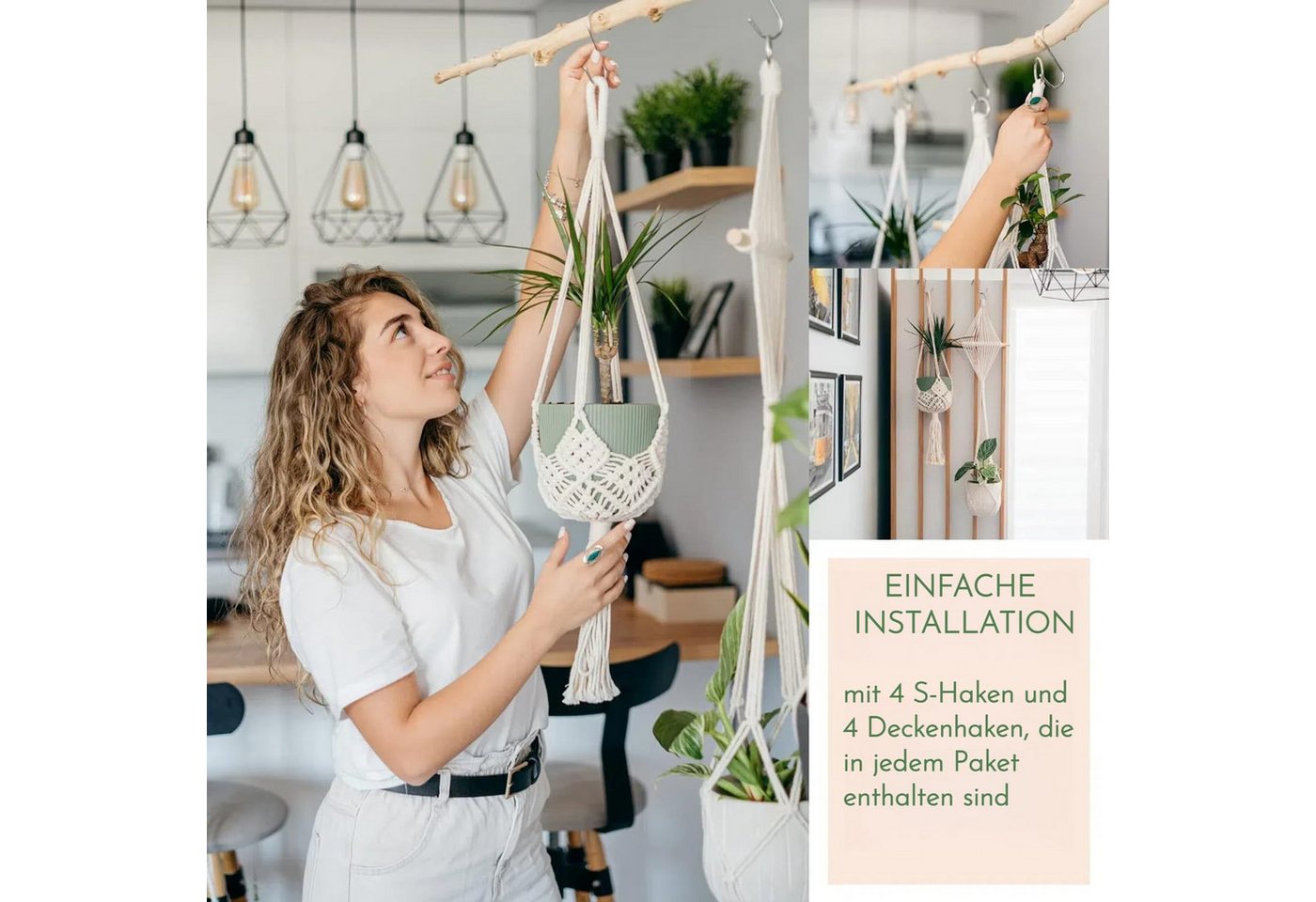 FOUORTUNATE-BEE Blumenampel 4er Set Blumenampel Hängend Innen (Boho Deko Makramee Hängeampel mit Haken, Baumwollseil Blumentopf Hängend, Boho Zimmer Deko Aesthe – Bild 5 von 5