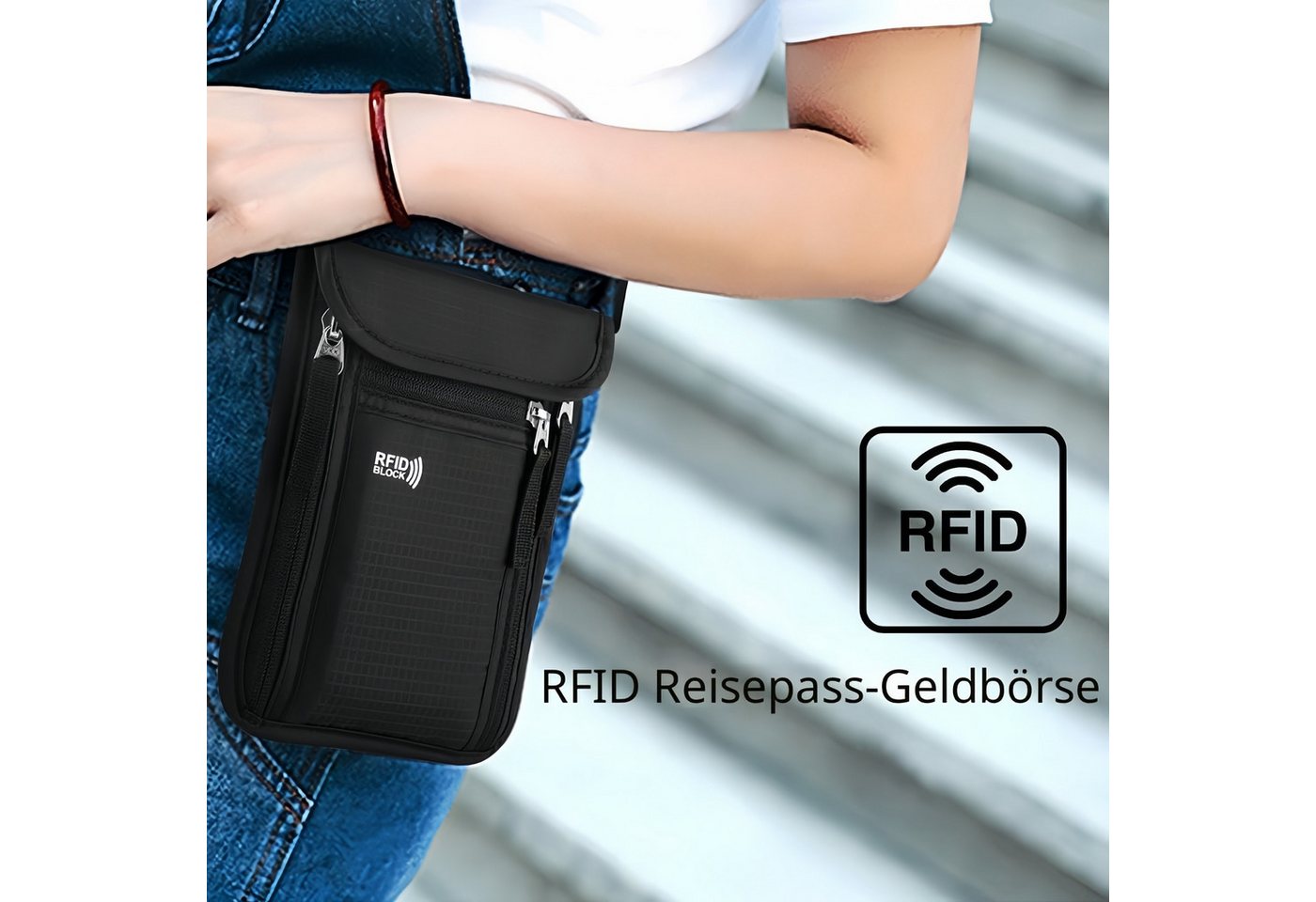 FOUORTUNATE-BEE Brustbeutel RFID Brustbeutel für Reise, wasserdicht, für Handy & Dokumente, RFID Brusttasche mit Umhängeband für Reisepass & Smartphone – Bild 5 von 5