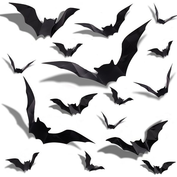 FOUORTUNATE-BEE Dekohänger Halloween 3D Fledermäuse Wanddeko, 32 Stück, 4 Größen (32 St), 32er Halloween Fledermaus Wandsticker aus wasserfestem PVC