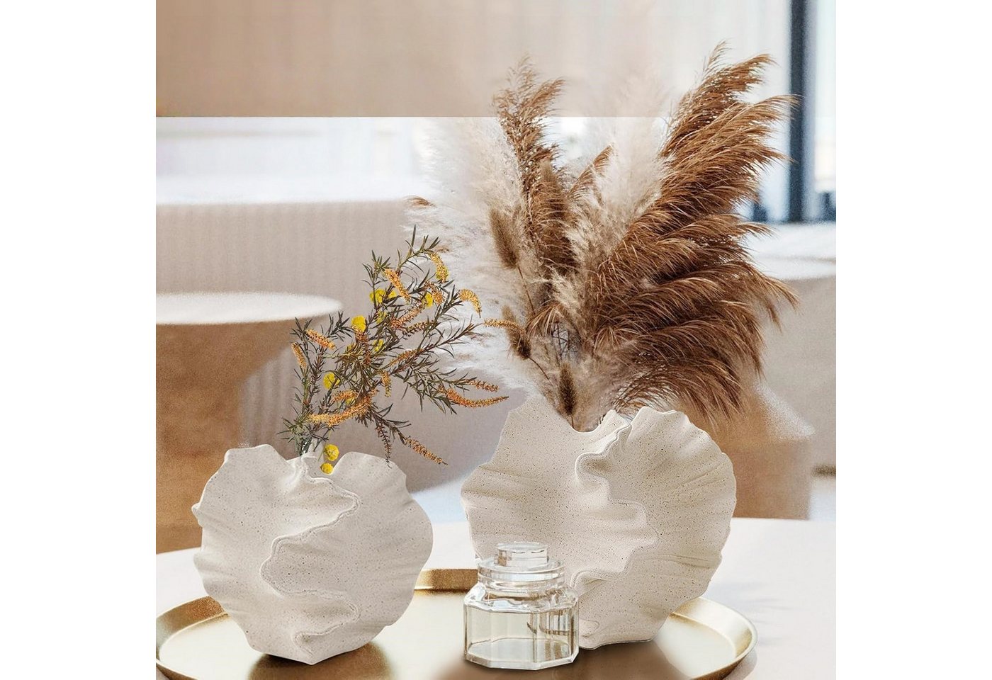 FOUORTUNATE-BEE Dekovase Keramik Vase Beige Moderne Vasen für Nordisches Vasen Deko (Boho Blumenvase, für Zuhause, Wohnzimmer, Büro, Bauernhaus, Couchtisch Deko – Bild 2 von 5