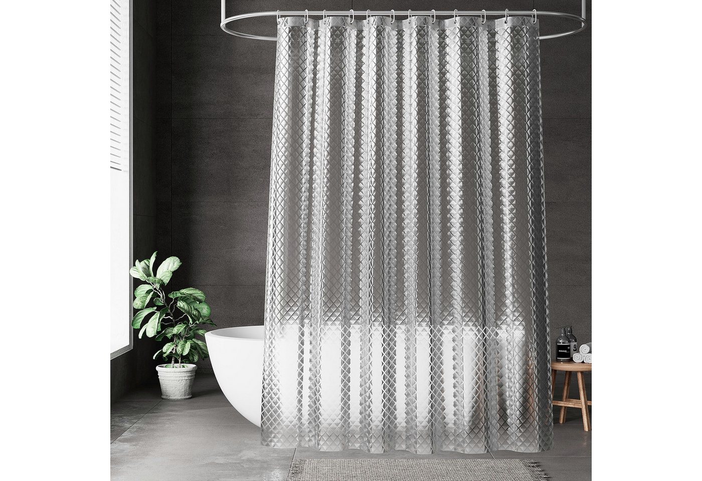 FOUORTUNATE-BEE Duschvorhang Duschvorhang 180 x 200 cm, transparent, Rautenmuster, 0,15 mm, Badewannenvorhang mit 12 Haken, halbtransparent, wasserabweisend – Bild 2 von 5