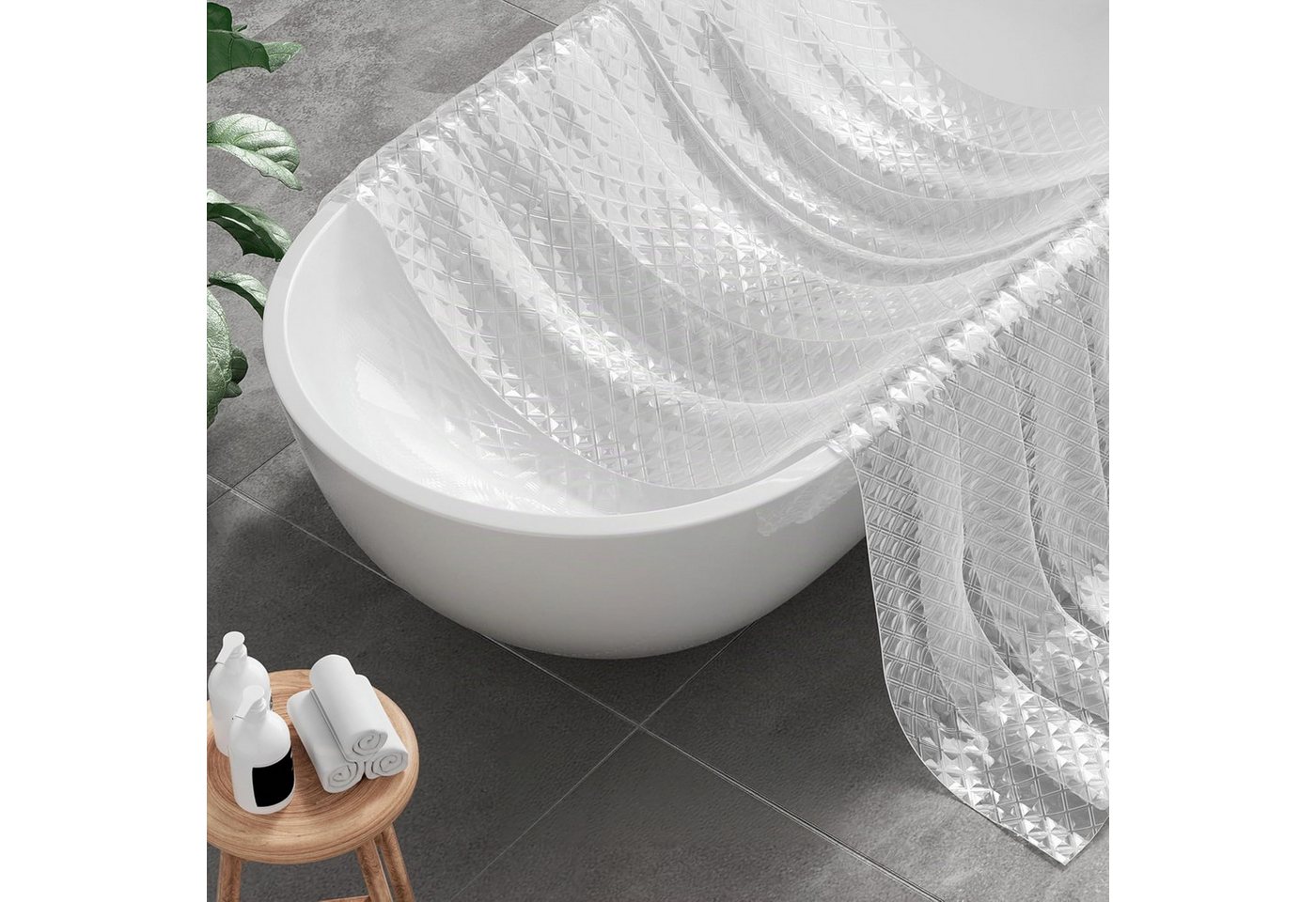FOUORTUNATE-BEE Duschvorhang Duschvorhang 180 x 200 cm, transparent, Rautenmuster, 0,15 mm, Badewannenvorhang mit 12 Haken, halbtransparent, wasserabweisend – Bild 3 von 5