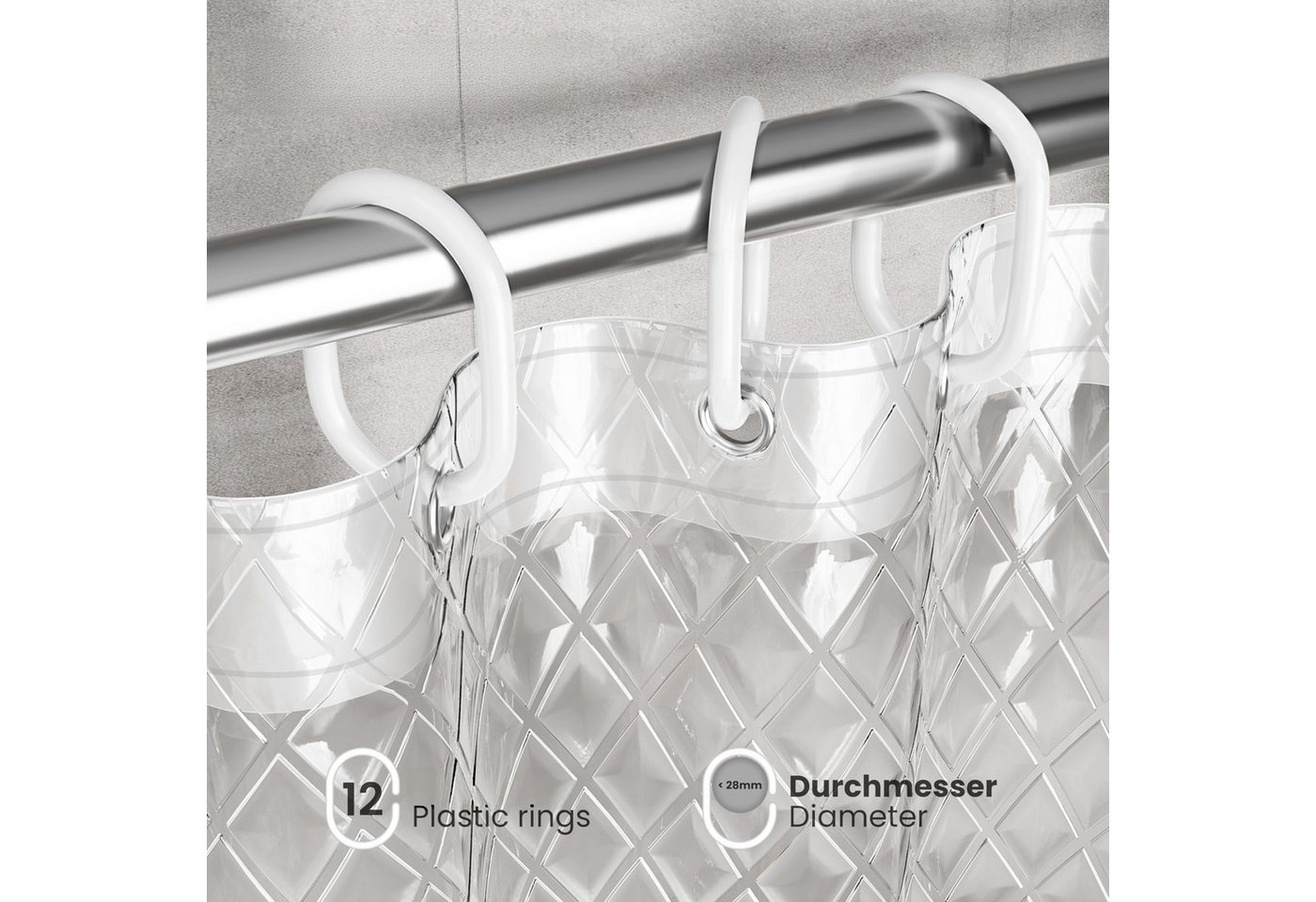 FOUORTUNATE-BEE Duschvorhang Duschvorhang 180 x 200 cm, transparent, Rautenmuster, 0,15 mm, Badewannenvorhang mit 12 Haken, halbtransparent, wasserabweisend – Bild 4 von 5