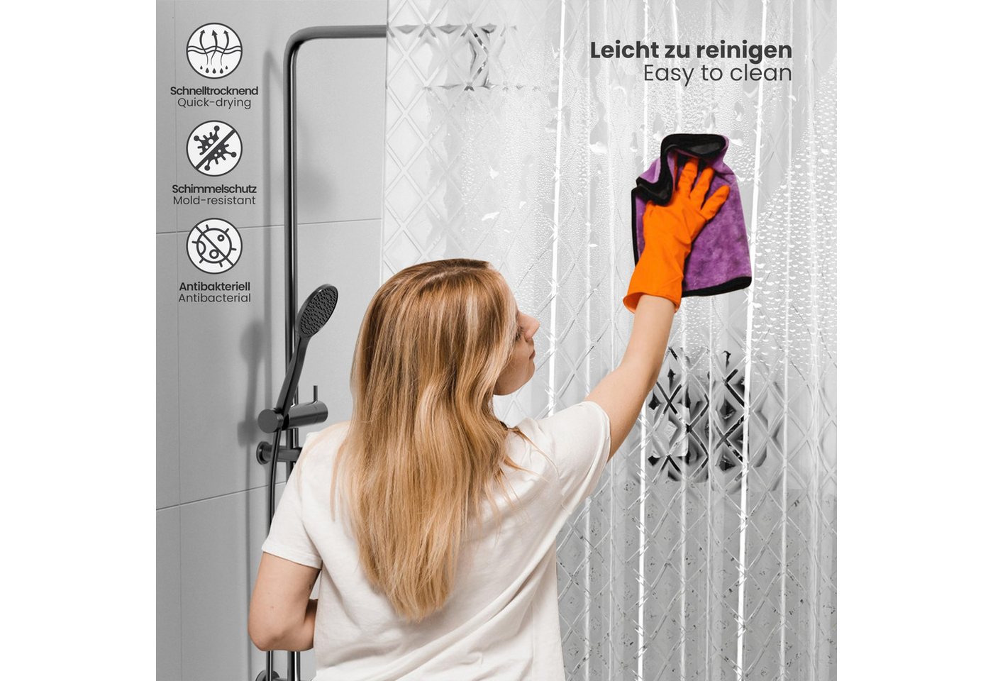 FOUORTUNATE-BEE Duschvorhang Duschvorhang 180 x 200 cm, transparent, Rautenmuster, 0,15 mm, Badewannenvorhang mit 12 Haken, halbtransparent, wasserabweisend – Bild 5 von 5