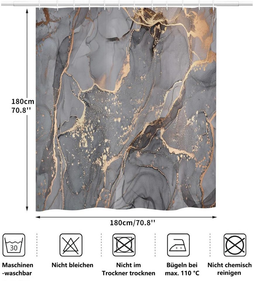 FOUORTUNATE-BEE Duschvorhang Grau Gold Marmor Optik Textur Duschvorhang 180x180cm Breite 180 cm (Modern Abstrakt Grau Gold Schwarz Marmor Optik Textur, Wasserdi – Bild 2 von 5