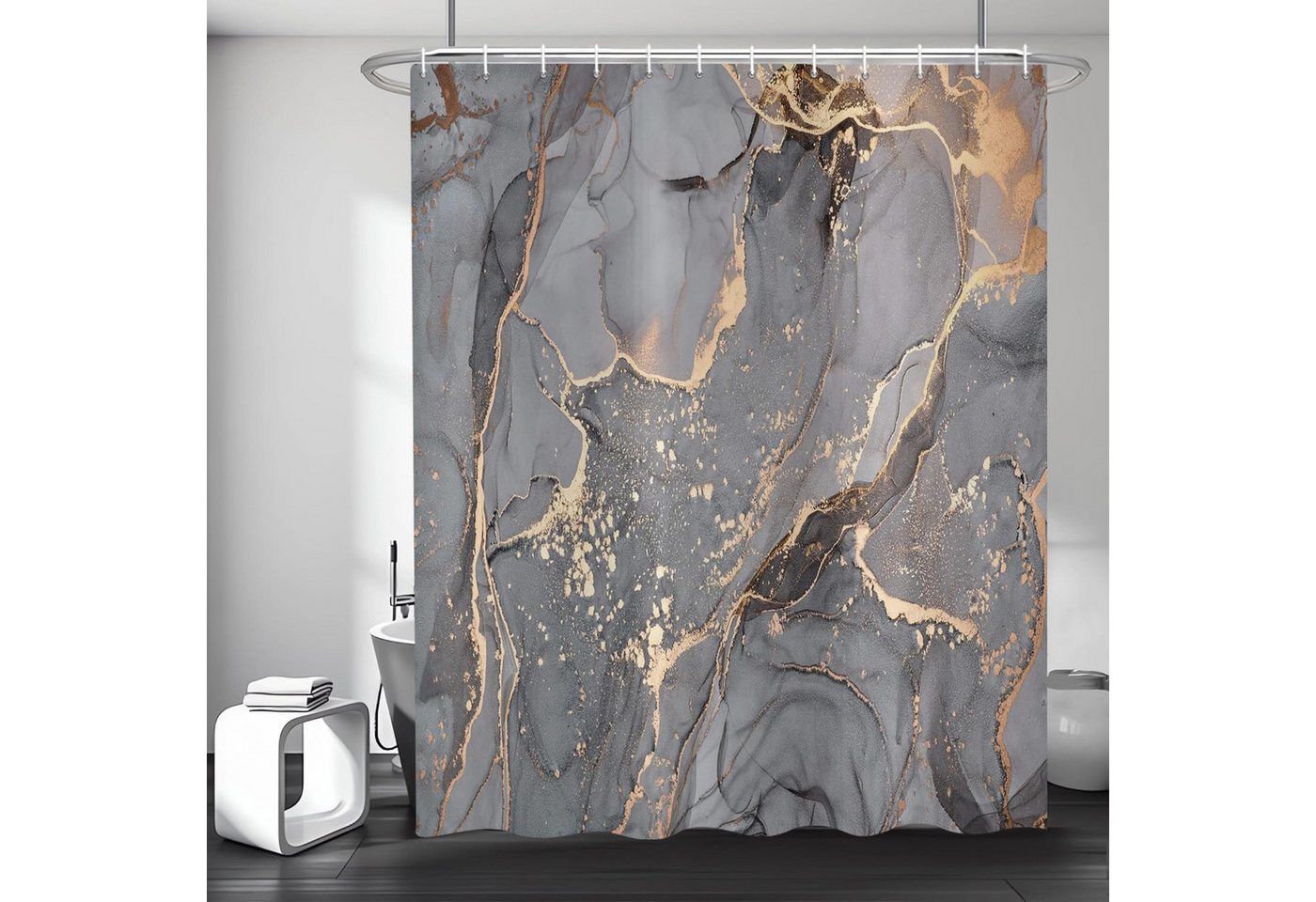 FOUORTUNATE-BEE Duschvorhang Grau Gold Marmor Optik Textur Duschvorhang 180x180cm Breite 180 cm (Modern Abstrakt Grau Gold Schwarz Marmor Optik Textur, Wasserdi – Bild 4 von 5