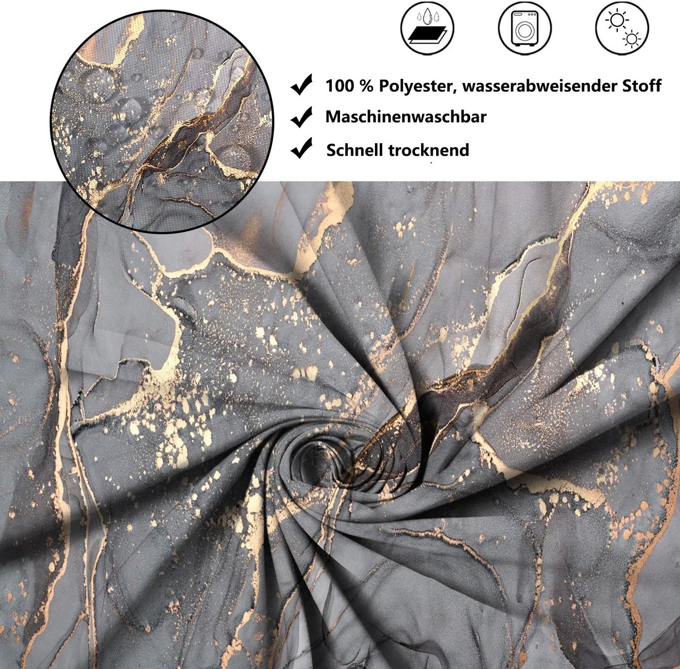 FOUORTUNATE-BEE Duschvorhang Grau Gold Marmor Optik Textur Duschvorhang 180x180cm Breite 180 cm (Modern Abstrakt Grau Gold Schwarz Marmor Optik Textur, Wasserdi – Bild 5 von 5