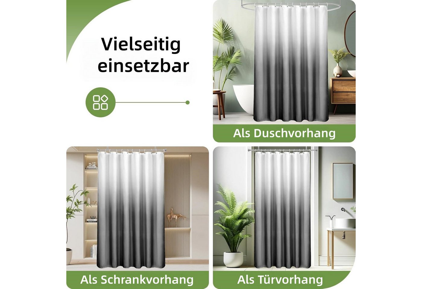 FOUORTUNATE-BEE Duschvorhang Duschvorhang Grau mit Farbverlauf, wasserabweisend, inkl. Ringe Breite 180 cm, Dusch- und Badewannenvorhang, pflegeleicht, mit Aufh – Bild 2 von 5