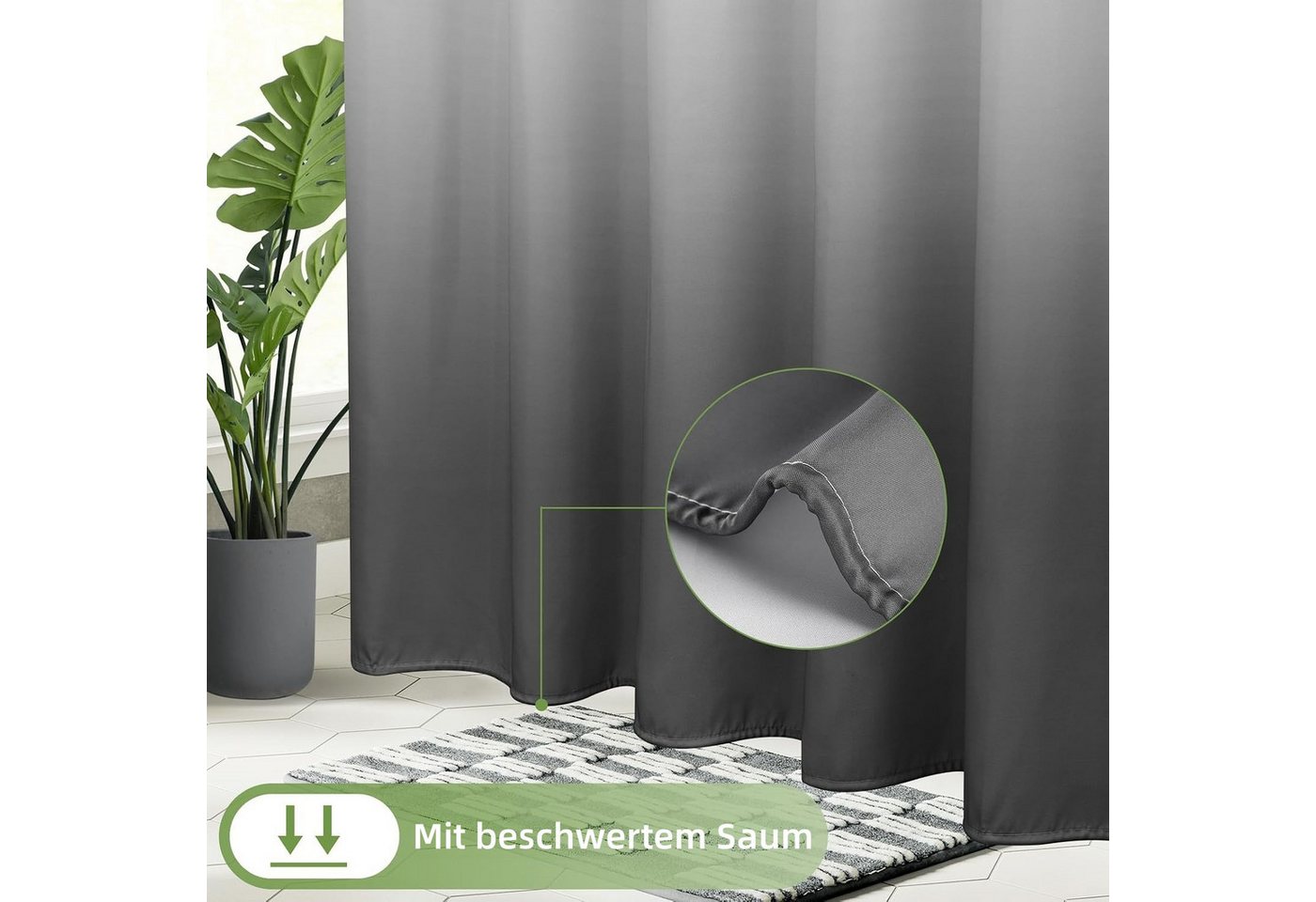 FOUORTUNATE-BEE Duschvorhang Duschvorhang Grau mit Farbverlauf, wasserabweisend, inkl. Ringe Breite 180 cm, Dusch- und Badewannenvorhang, pflegeleicht, mit Aufh – Bild 3 von 5