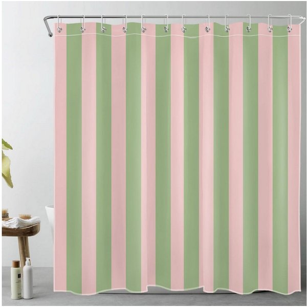 FOUORTUNATE-BEE Duschvorhang Grün und Rosa gestreift Duschvorhang Antischimmel Wasserdicht Breite 180 cm (Badezimmer Vorhänge Moderne Kunst Polyester Stoff, Bad