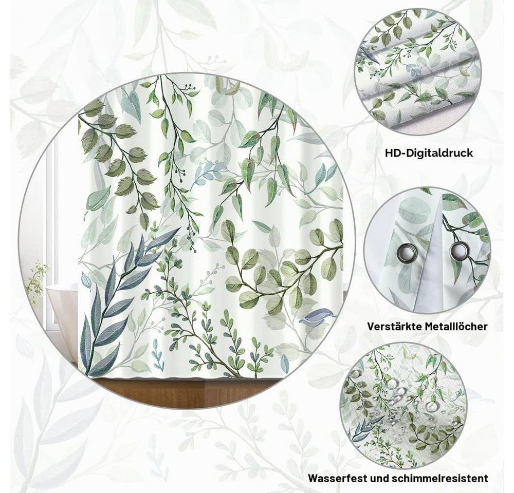 FOUORTUNATE-BEE Duschvorhang Duschvorhang mit Eukalyptus-Blätter-Motiv, aus Polyesterstoff Breite 120 cm, wasserdicht und schimmelresistent, waschbar, für Badez – Bild 4 von 5