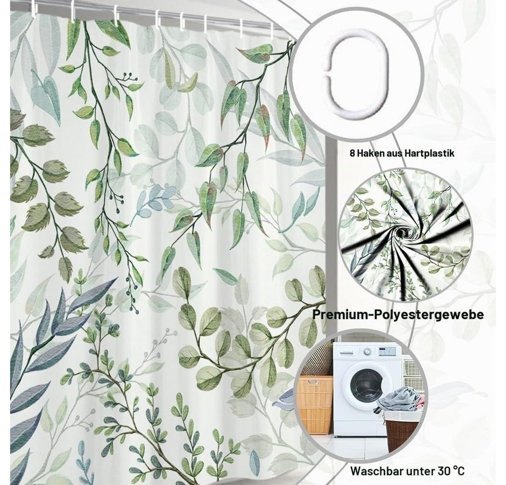 FOUORTUNATE-BEE Duschvorhang Duschvorhang mit Eukalyptus-Blätter-Motiv, aus Polyesterstoff Breite 120 cm, wasserdicht und schimmelresistent, waschbar, für Badez – Bild 5 von 5