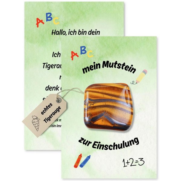FOUORTUNATE-BEE Edelstein Tigerauge Mutstein mit KarteEinschulung Geschenk für Kinder Schulstart, FürSchultüte Schulranzen Schulbeginn Mitgebsel Motivation Gesc