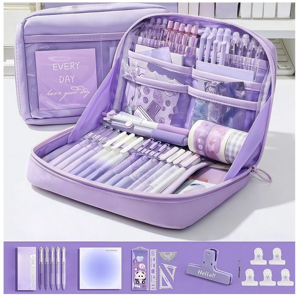 FOUORTUNATE-BEE Federmäppchen 12-teiliges lila Schreibwaren-Set – ideales Geschenk zum Schulstart, Lernset für Schule und Büro – komplette Ausstattung für den A