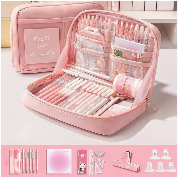 FOUORTUNATE-BEE Federmäppchen 12-teiliges lila Schreibwaren-Set – ideales Geschenk zum Schulstart, Lernset für Schule und Büro – komplette Ausstattung für den A