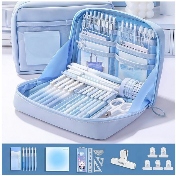 FOUORTUNATE-BEE Federmäppchen 12-teiliges lila Schreibwaren-Set – ideales Geschenk zum Schulstart, Lernset für Schule und Büro – komplette Ausstattung für den A
