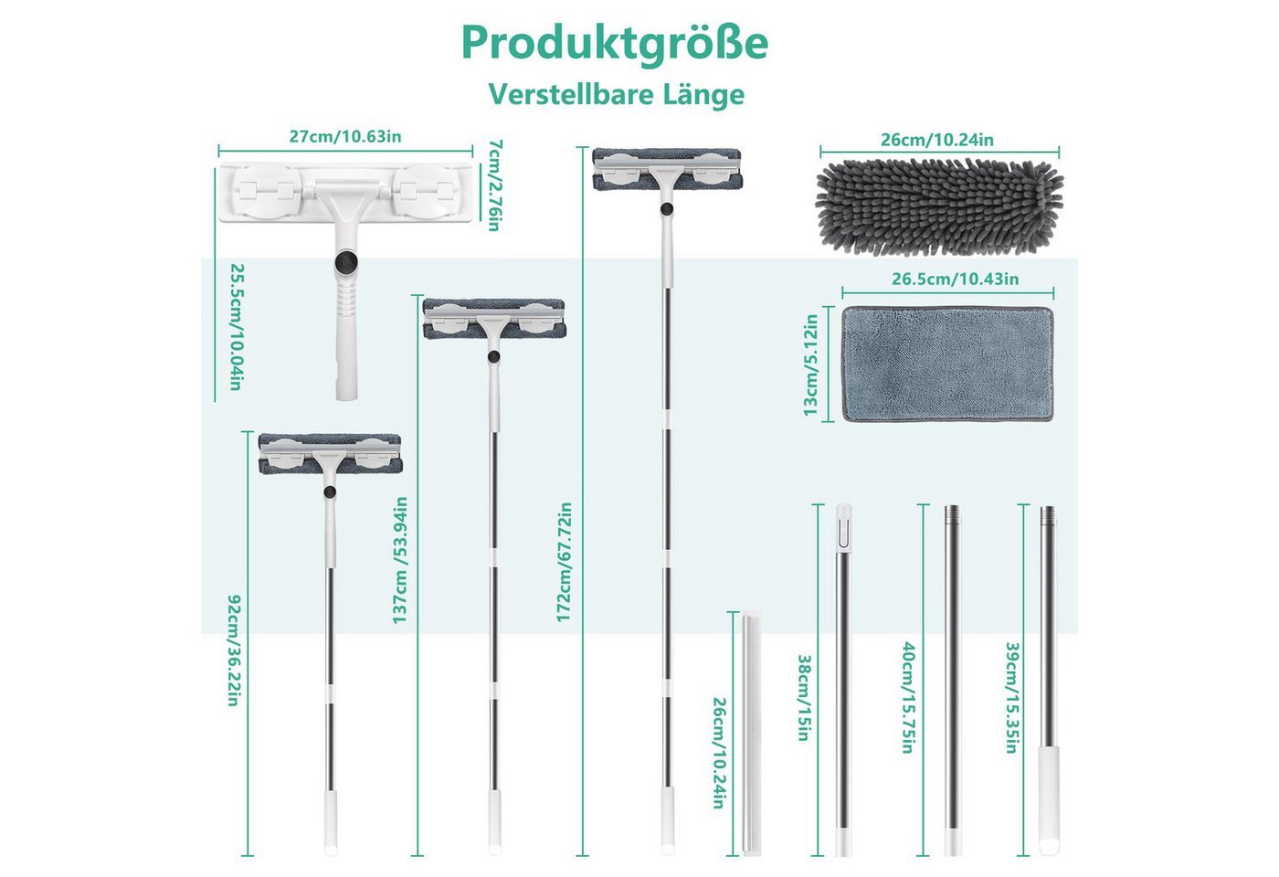 FOUORTUNATE-BEE Fensterreiniger Teleskop Fensterputzer Fensterabzieher Set Biegsamer Kopf, (2-in-1 Fenster Putzen Set mit Gummiwischerblatt) – Bild 2 von 5