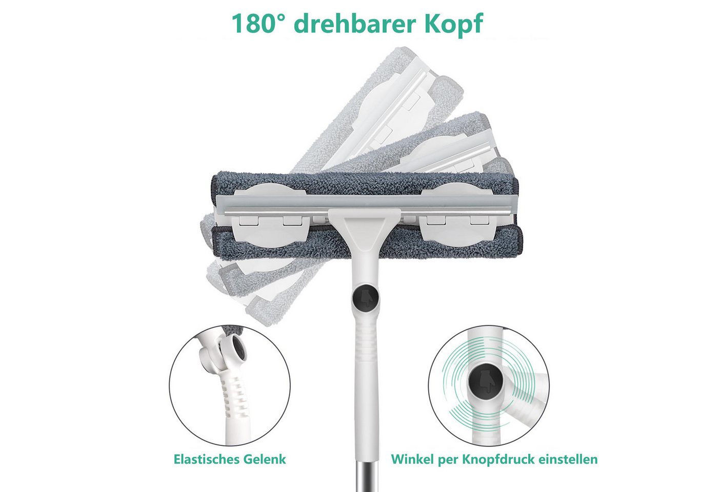 FOUORTUNATE-BEE Fensterreiniger Teleskop Fensterputzer Fensterabzieher Set Biegsamer Kopf, (2-in-1 Fenster Putzen Set mit Gummiwischerblatt) – Bild 3 von 5