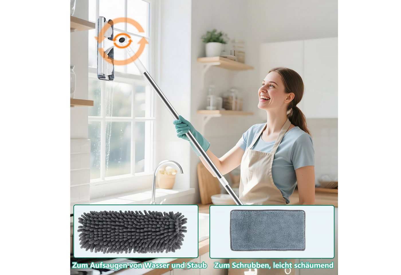 FOUORTUNATE-BEE Fensterreiniger Teleskop Fensterputzer Fensterabzieher Set Biegsamer Kopf, (2-in-1 Fenster Putzen Set mit Gummiwischerblatt) – Bild 5 von 5