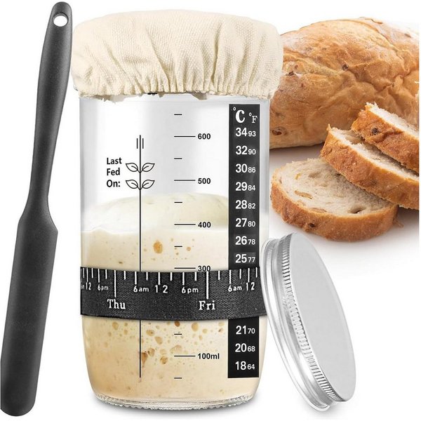 FOUORTUNATE-BEE Fermentationsglas Sauerteig Starter Set aus Glas 680ml, (Glas-Sauerteig-Starter-Kit mit Dattel-Fütterungsband, Thermometer, Deckel, Silikonspate