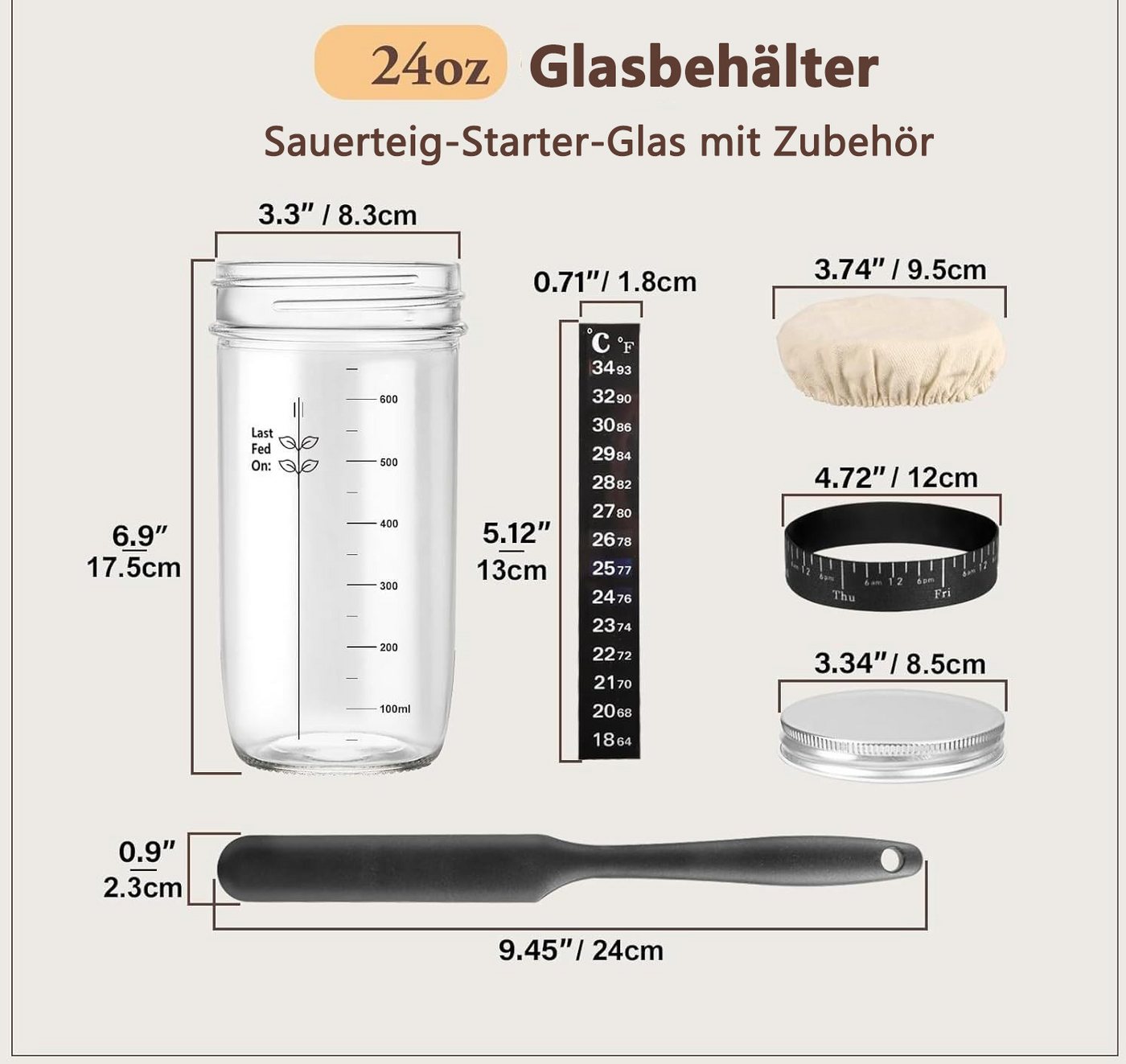 FOUORTUNATE-BEE Fermentationsglas Sauerteig Starter Set aus Glas 680ml, (Glas-Sauerteig-Starter-Kit mit Dattel-Fütterungsband, Thermometer, Deckel, Silikonspate – Bild 2 von 5