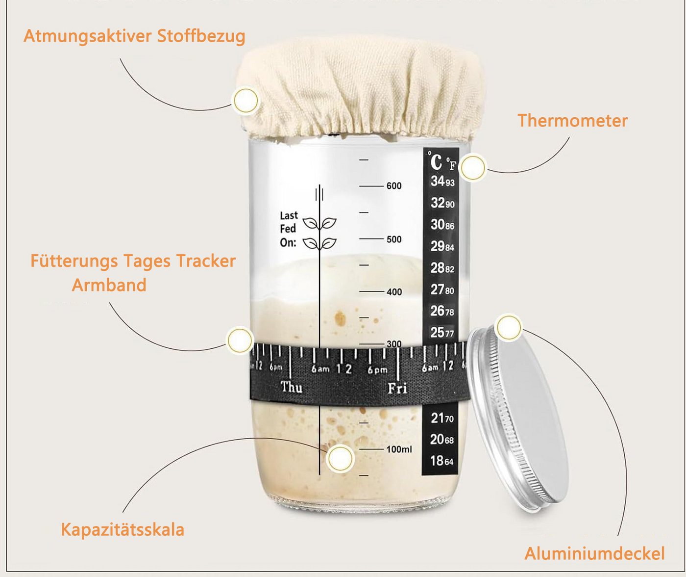 FOUORTUNATE-BEE Fermentationsglas Sauerteig Starter Set aus Glas 680ml, (Glas-Sauerteig-Starter-Kit mit Dattel-Fütterungsband, Thermometer, Deckel, Silikonspate – Bild 3 von 5
