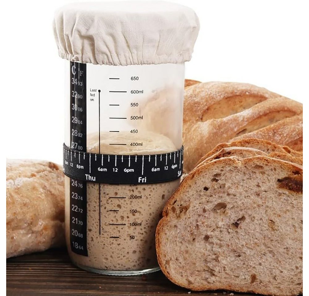 FOUORTUNATE-BEE Fermentationsglas Sauerteig Starter Set aus Glas 680ml, (Glas-Sauerteig-Starter-Kit mit Dattel-Fütterungsband, Thermometer, Deckel, Silikonspate – Bild 5 von 5