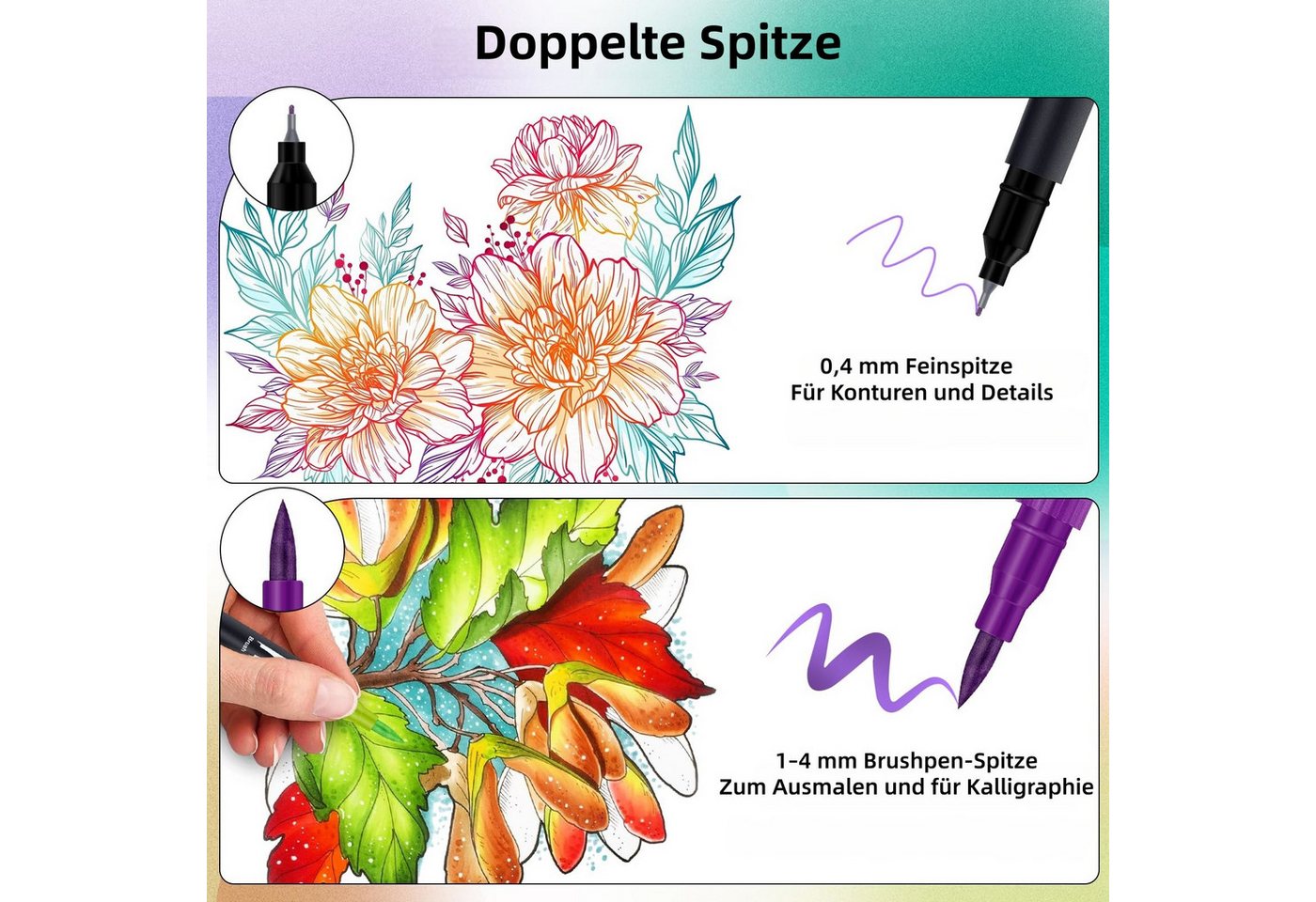 FOUORTUNATE-BEE Filzstift Doppelbürsten-Stiftset mit Wasserfarbe – 24/36/72 Farben, (36-tlg), Feinliner- & Brushpen-Set für Malbücher, Handlettering und Manga – Bild 4 von 5