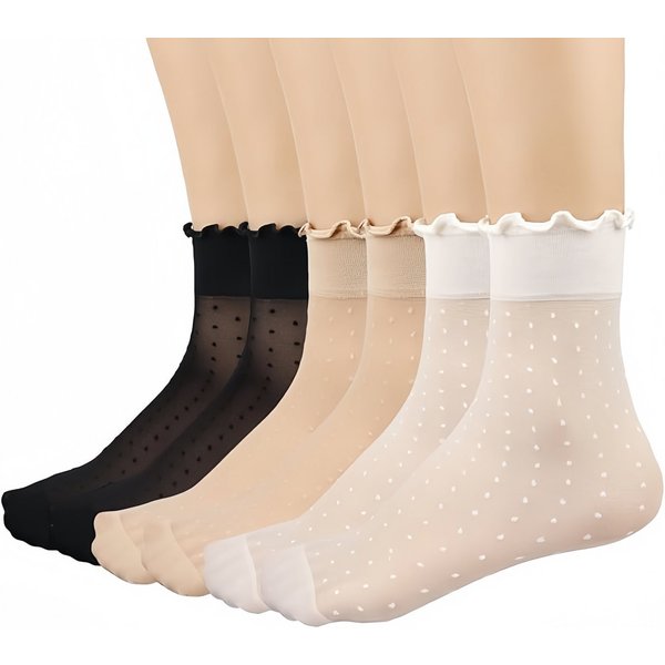 FOUORTUNATE-BEE Freizeitsocken Damen Socken transparent mit Punkten Spitze dünn Sommer 12 Paar Set Feine Damen Socken Set Büro Freizeit Alltag leicht modisch be
