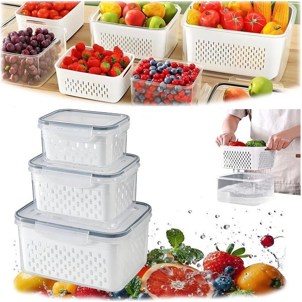 FOUORTUNATE-BEE Frischhaltedose Frischhaltedose Set mit Sieb Abtropfkorb Obst Gemüse Box, Küchen Box Set für Kühlschrank Mikrowelle Obst Gemüse Lagerung
